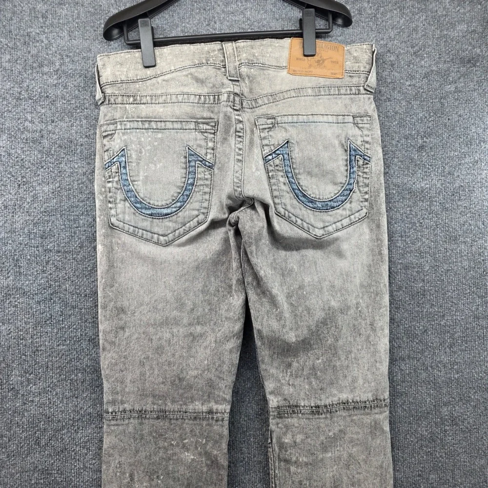 True Religion Mens Moto Grey Acid Wash Slim Biker Jeans Paint Splatter Size 33